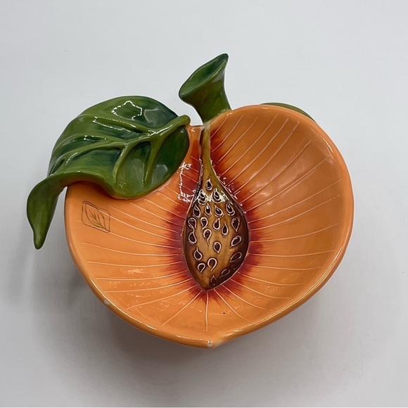 Peach Dish Blue Sky Footed Signed J. McCall 2004 Fruit Decor Trinket Victorian - Picture 1 of 12